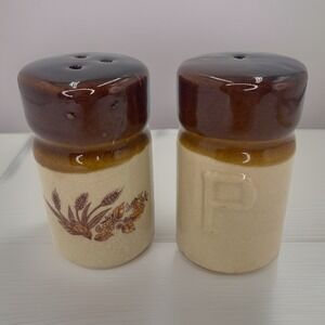 Vintage Brown and Cream Stoneware Salt & Pepper Shakers/ Wheat & Floral Design